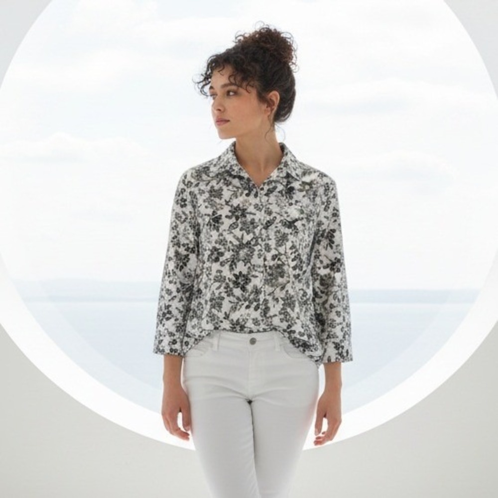 Lands End Women's 14 No Iron Supima Cotton Floral Print Button Down Shirt NEW